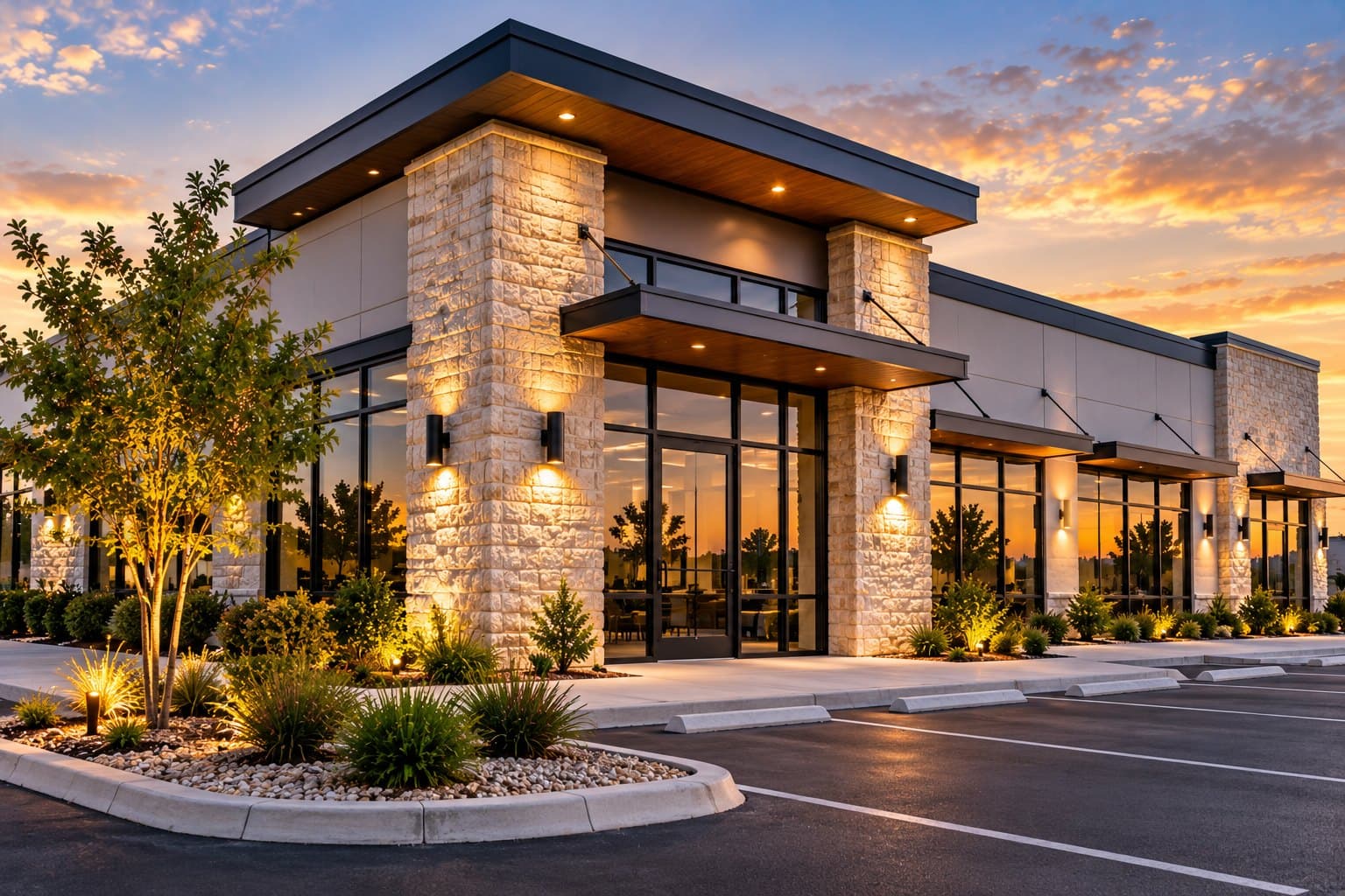 Stone-and-glass commercial building at sunset