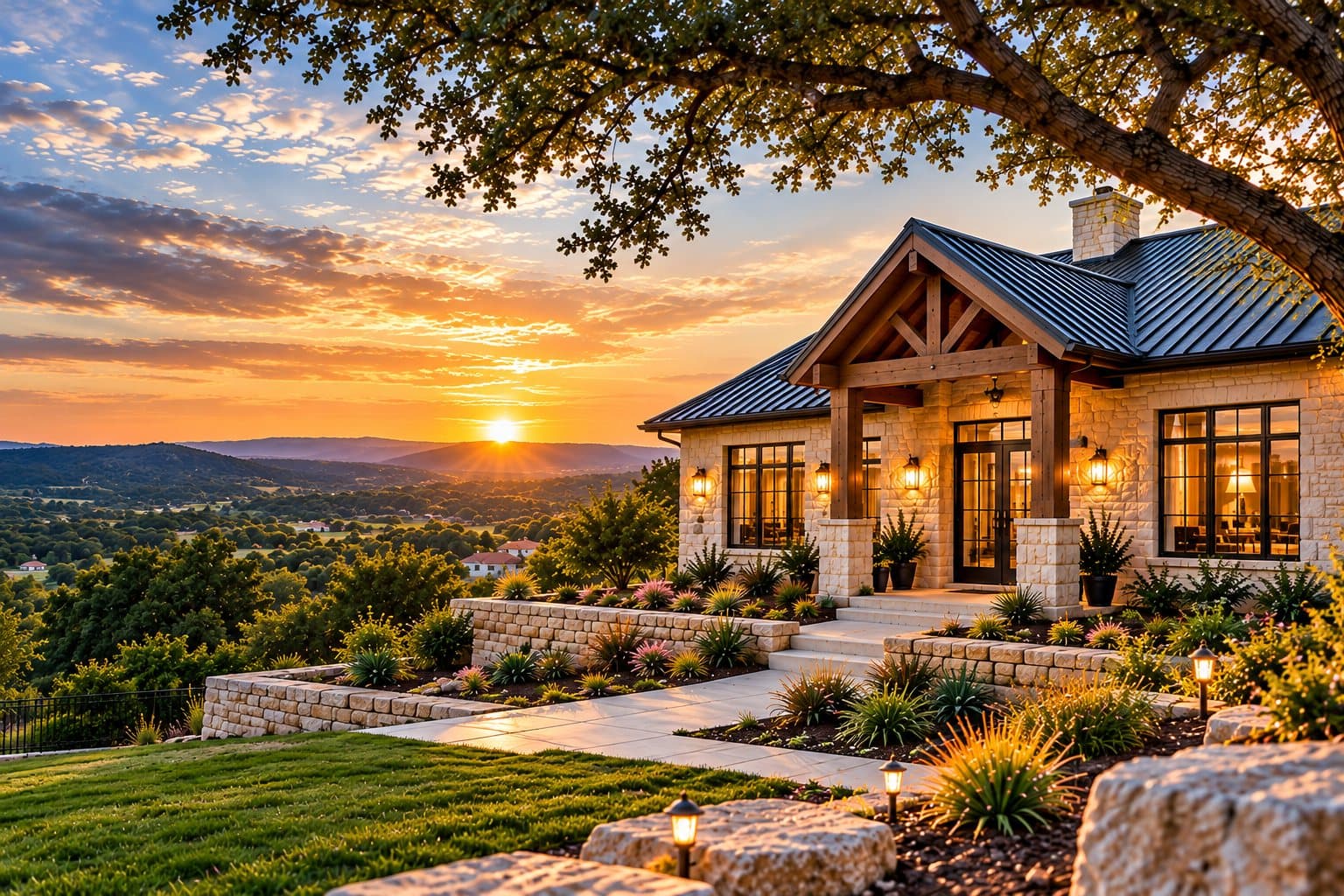 Stone home in the Texas Hill Country at sunset