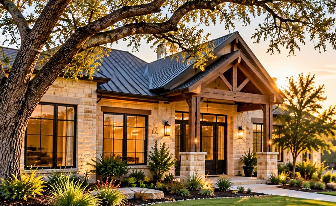 Texas Hill Country stone home at sunset